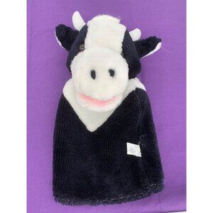 Vintage Cow Hand Puppet Black-and-White with Horns Brown Plastic Eyes
